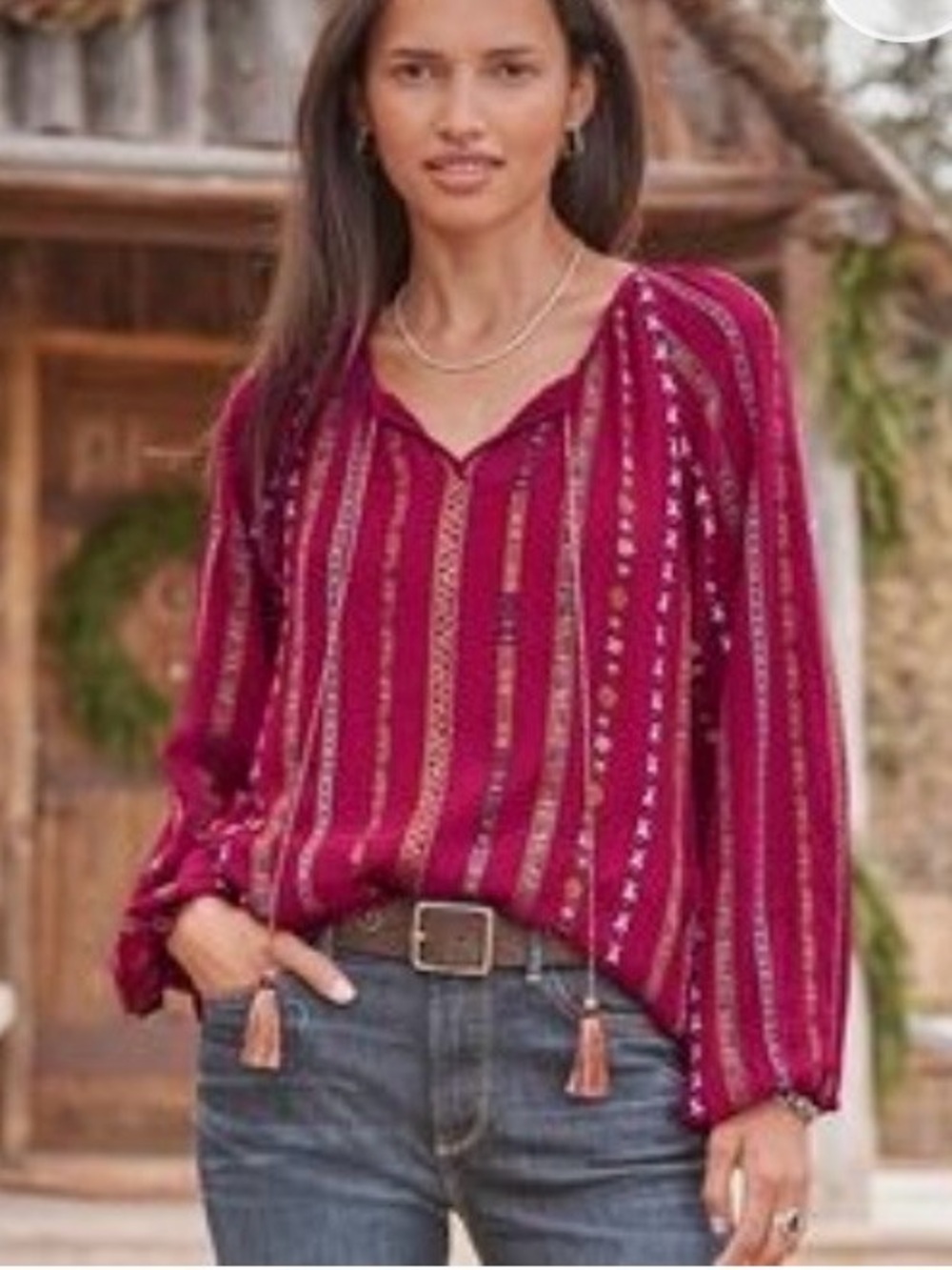Sundance Red Embroidered Stripe Tassel Blouse Size Small ♥️♥️♥️